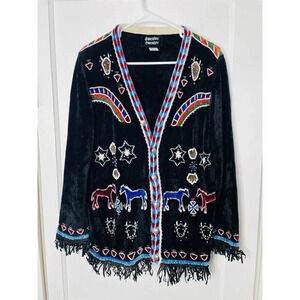 Sweater Sweater Open Cardigan Sz L Women Southwestern Embroidered Fringe Beaded